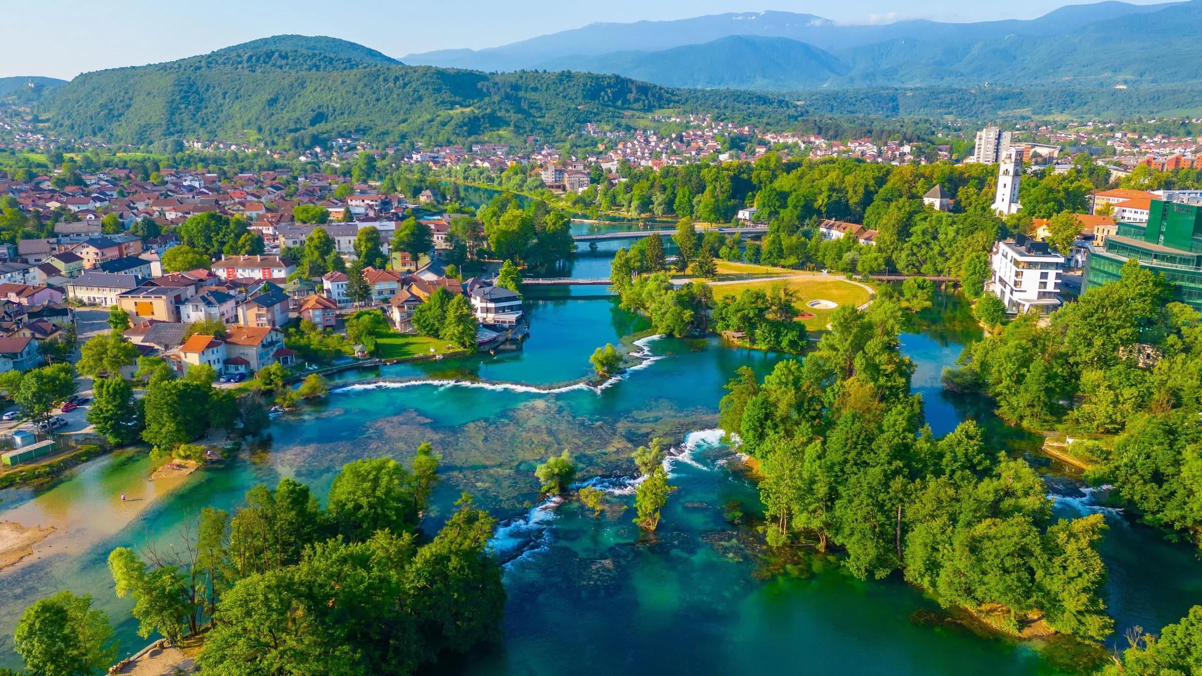 View of Bihać on the Una River, north-west Bosnia and Herzegovina.
